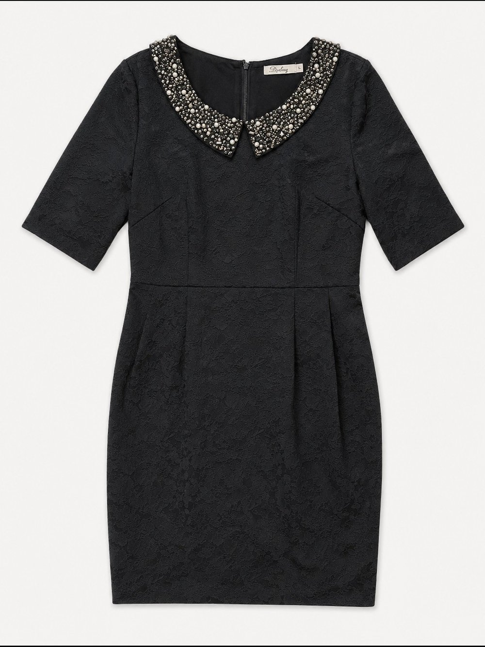 Darling Embellished Collar Jacquard Sheath Dress Black Pearl Beaded
